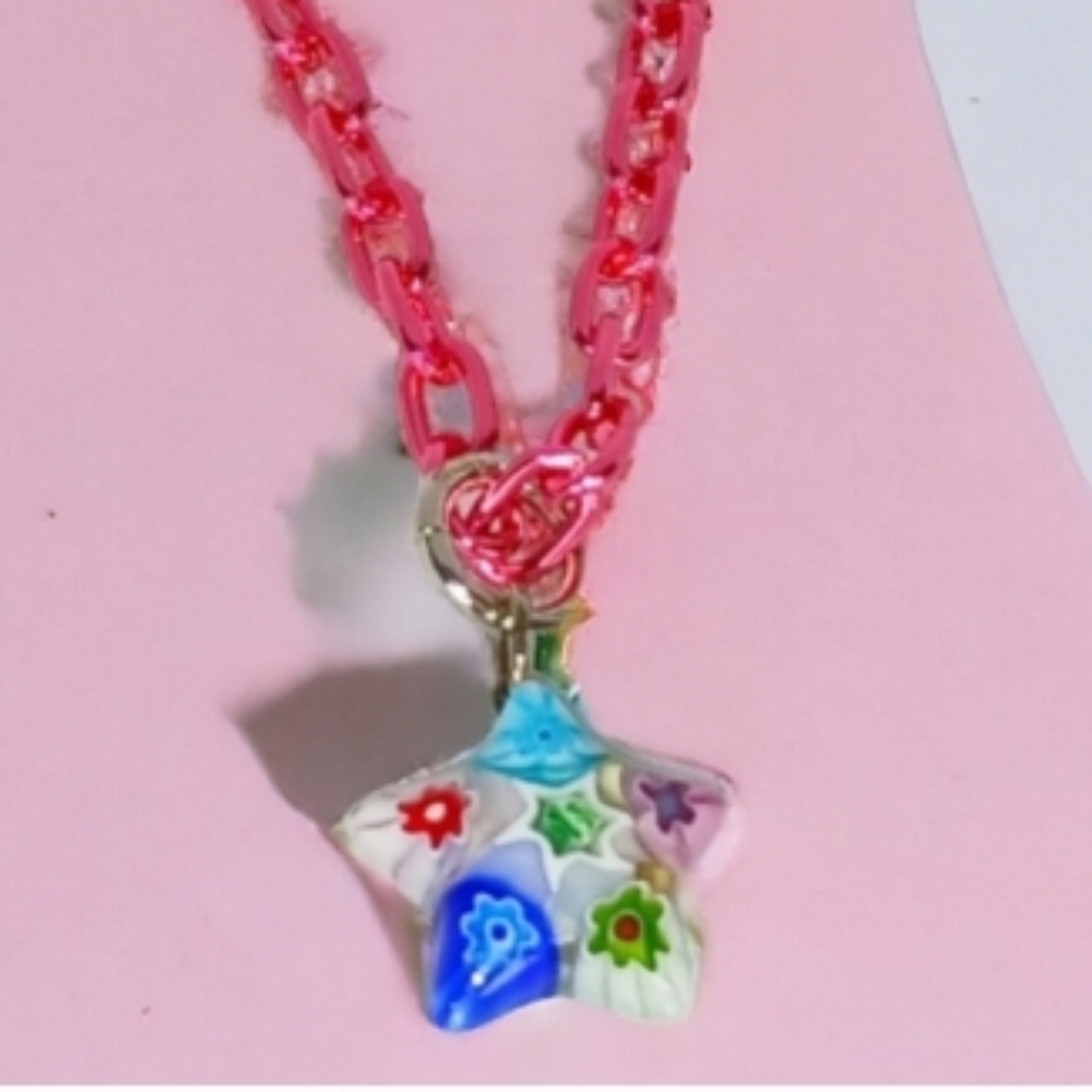 HP 🎉 Vintage Patchwork Star Charm Pink Necklace Coquette Dollette Nostalgiacore
